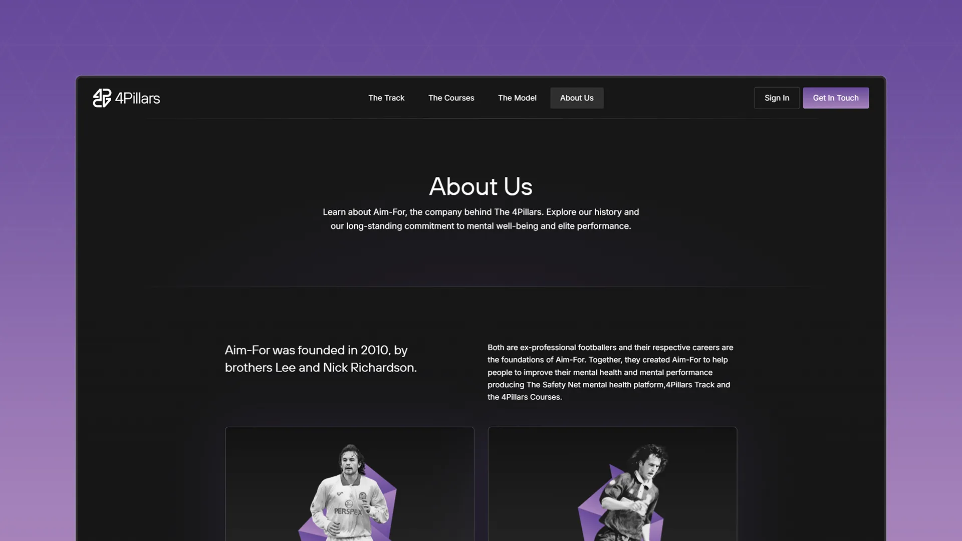 About Us page on The 4Pillars website, detailing the company’s history and mission, with images of founders and ex-professional footballers Lee and Nick Richardson.