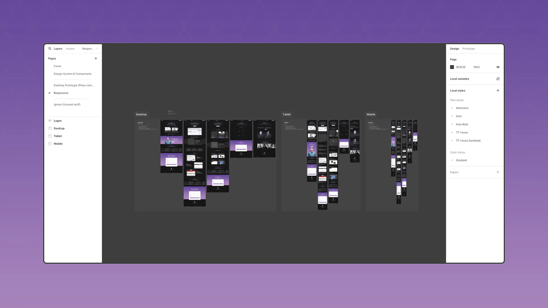 Figma document layout for The 4Pillars website, showing responsive design prototypes for desktop, tablet, and mobile versions.