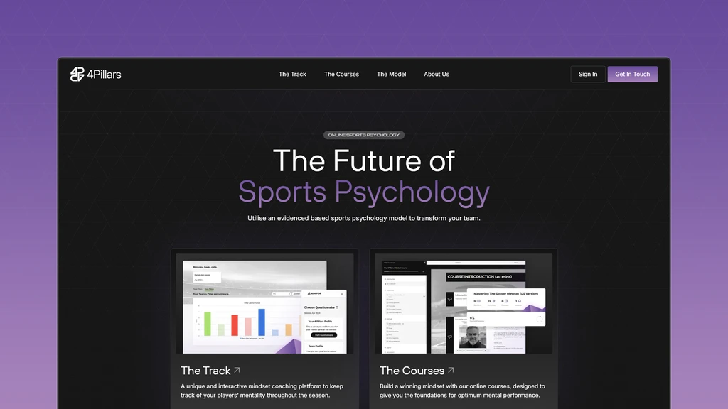 Homepage for The 4Pillars website with the headline 'The Future of Sports Psychology,' featuring sections on 'The Track' and 'The Courses' for mindset coaching.