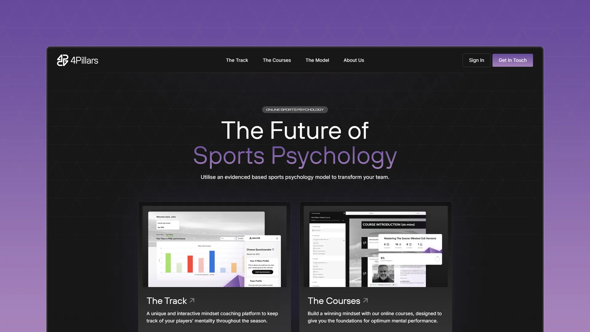 Homepage for The 4Pillars website with the headline 'The Future of Sports Psychology,' featuring sections on 'The Track' and 'The Courses' for mindset coaching.