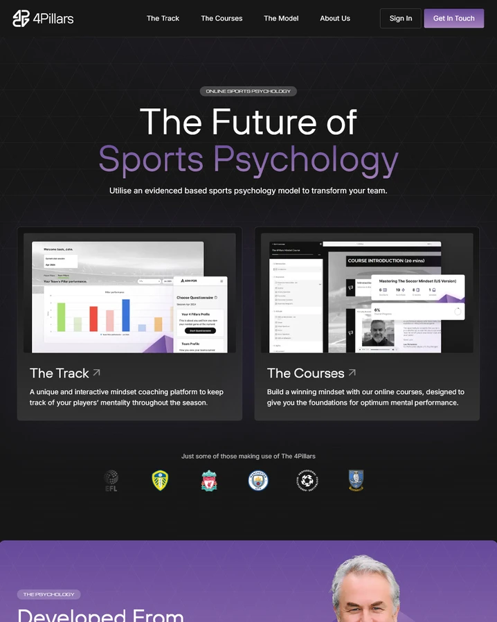 Homepage for The 4Pillars website with the headline 'The Future of Sports Psychology,' featuring sections on 'The Track' and 'The Courses' for mindset coaching.