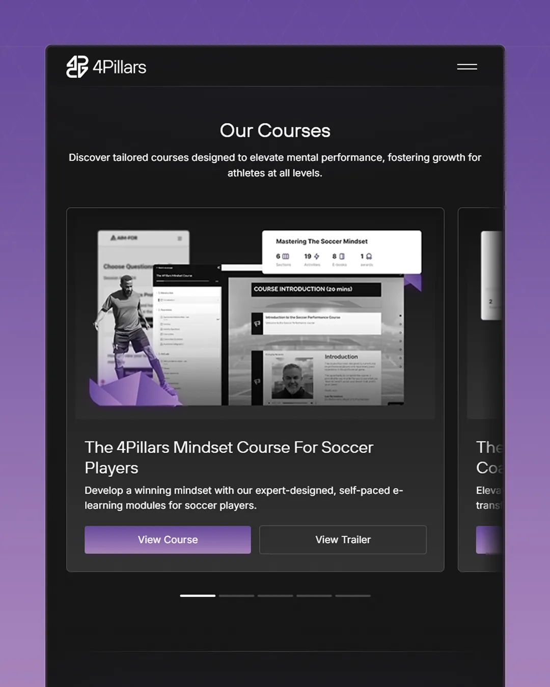 Web page section titled 'Our Courses' on The 4Pillars website, promoting a mindset course for soccer players with previews of online learning modules.