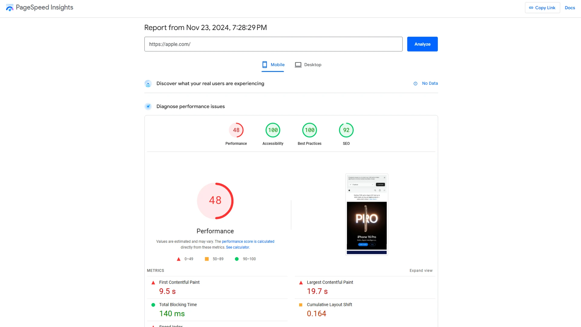 Screenshot of Google PageSpeed Insights report for apple.com, showing a performance score of 48 on mobile with detailed metrics including First Contentful Paint at 9.5 seconds, Largest Contentful Paint at 19.7 seconds, and Cumulative Layout Shift at 0.164.