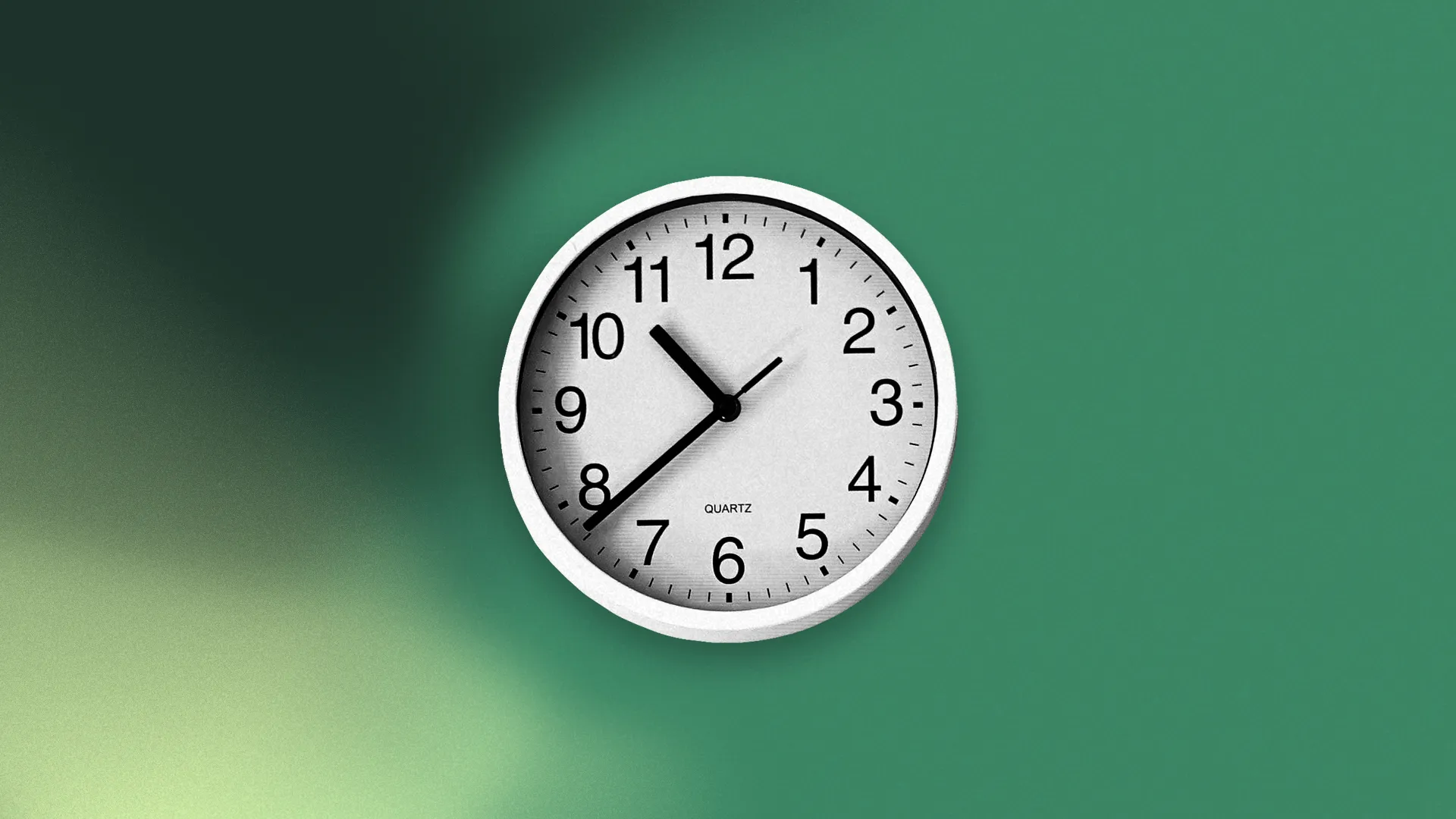 A stylised black and white image of a modern clockface on a branded green and yellow noisy background.