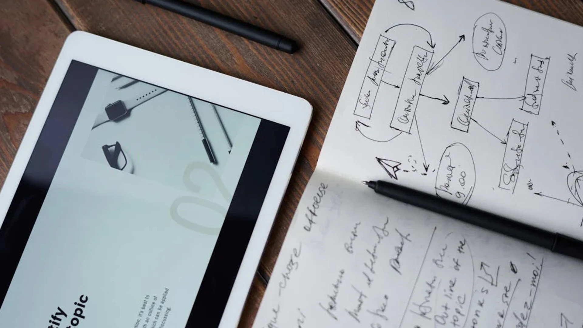 Tablet displaying a webpage design next to a notebook with hand-drawn website planning sketches, symbolising metrics and strategies for website performance optimisation.