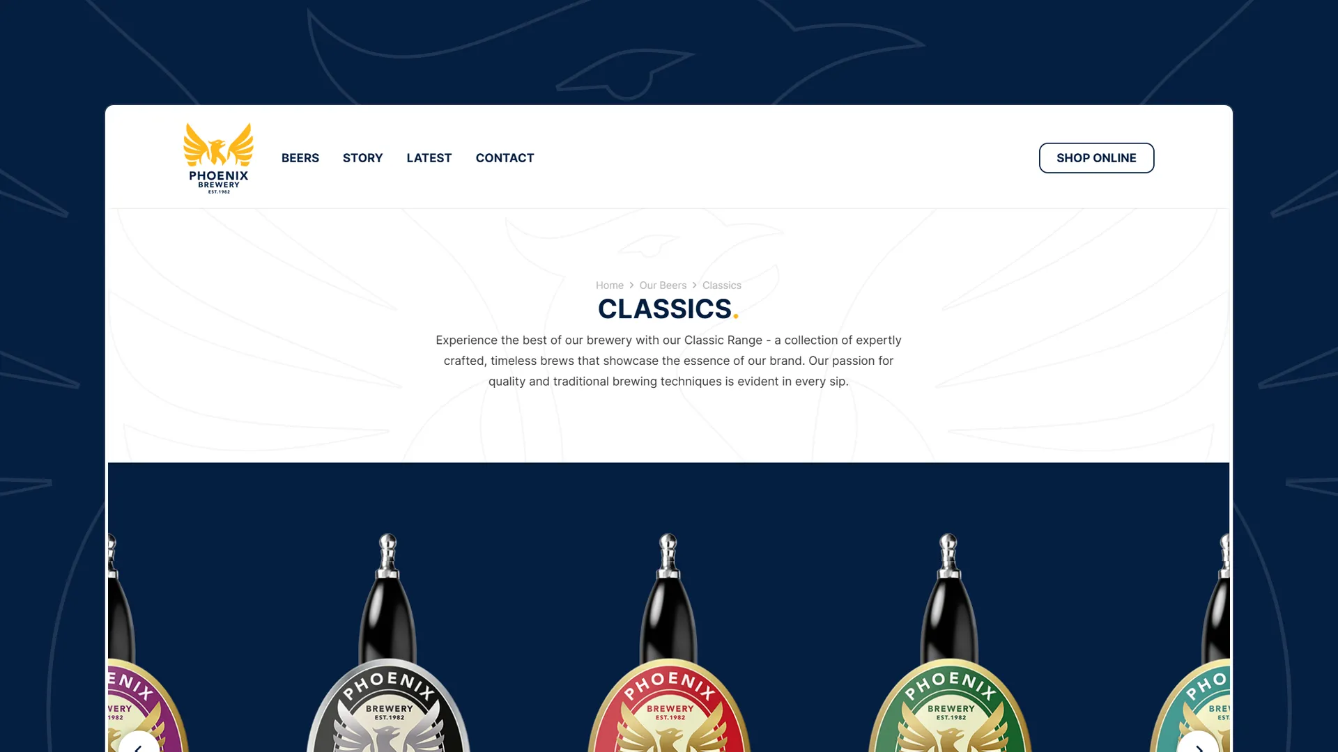 Phoenix Brewery’s Classic Range page, showcasing a collection of beer pump clips with labels for classic brews.