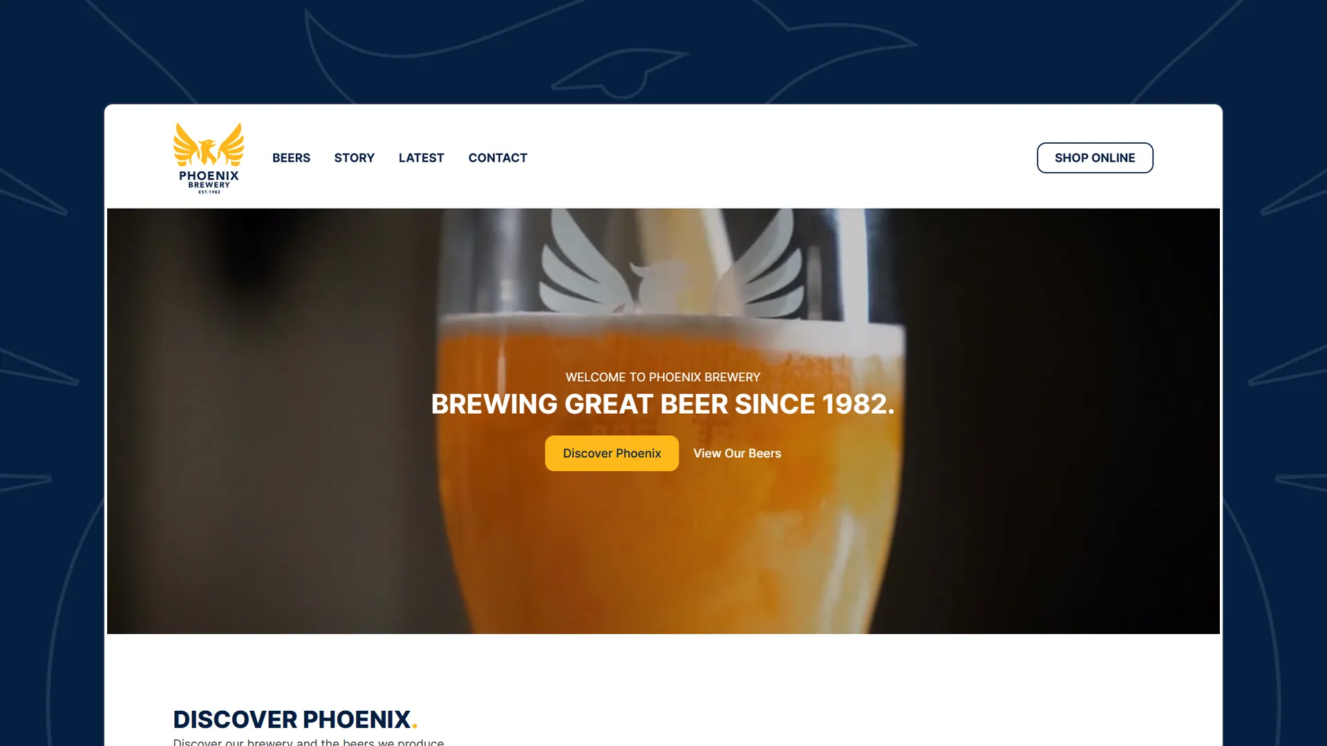 Homepage of Phoenix Brewery website with headline 'Brewing Great Beer Since 1982,' featuring a close-up of a beer glass with Phoenix Brewery logo.