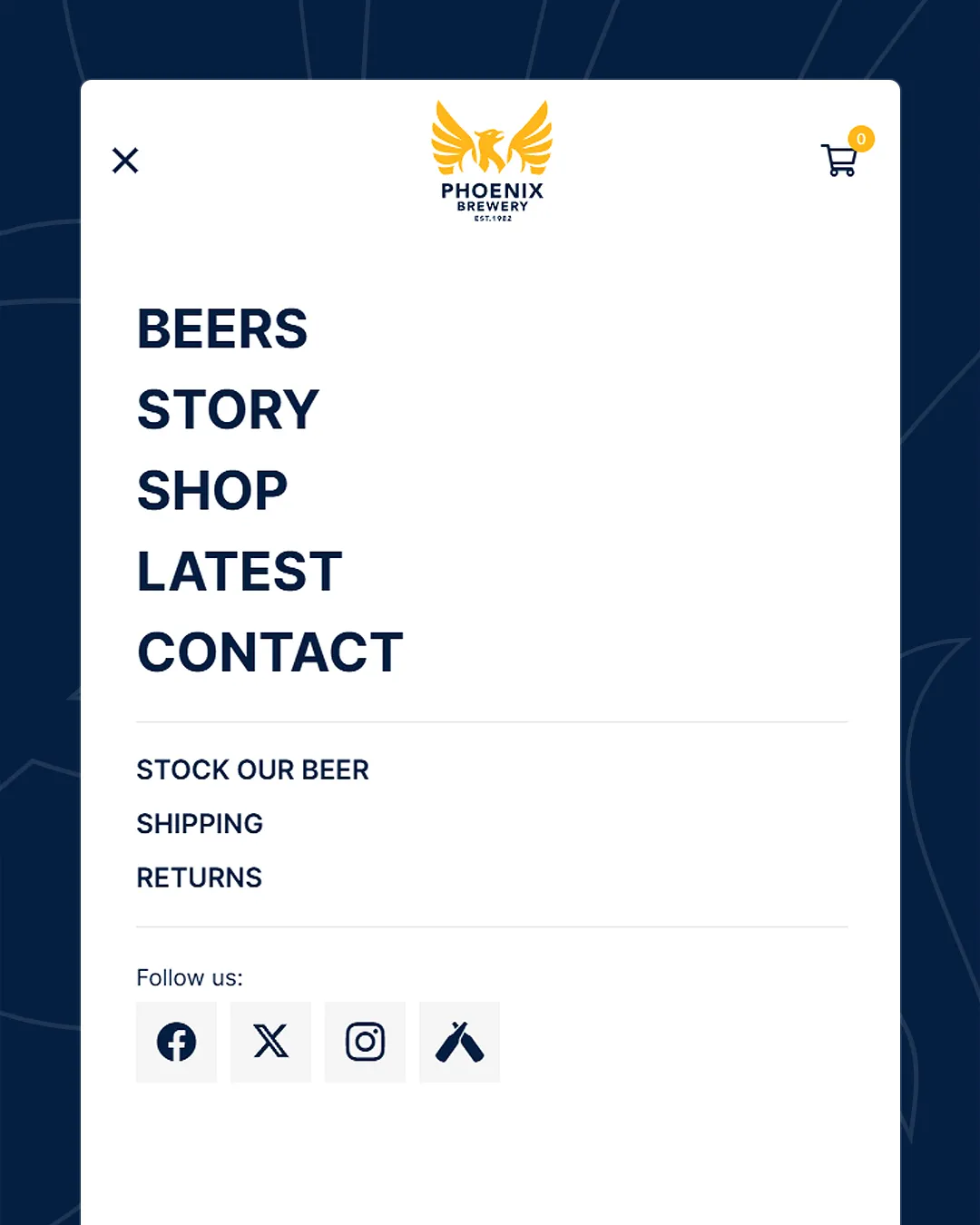 Phoenix Brewery website’s mobile navigation menu with links to Beers, Story, Shop, Latest, Contact, and social media icons.