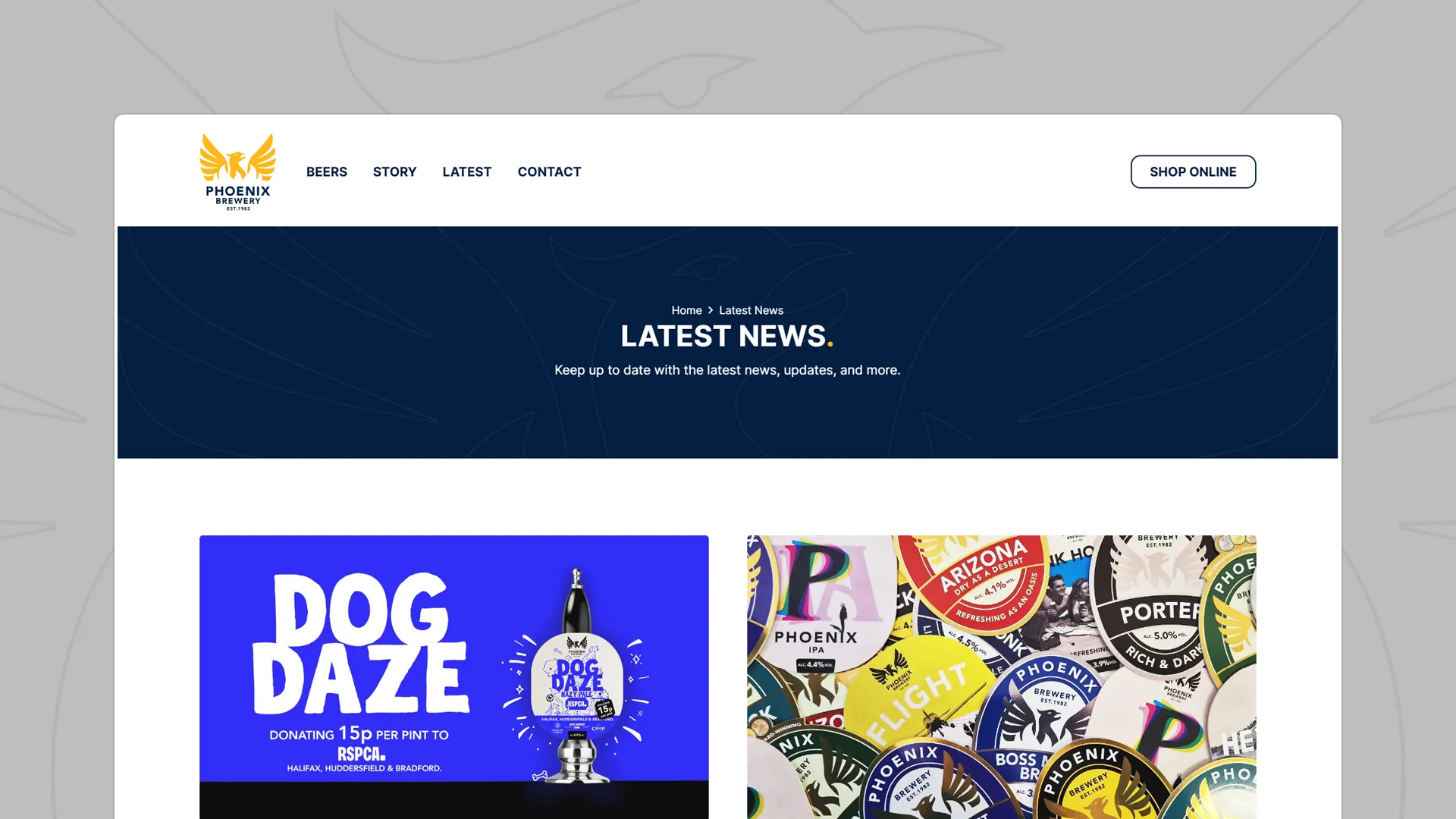 Latest News section on the Phoenix Brewery website, with news items including the Dog Daze RSPCA promotion and a collage of beer labels.