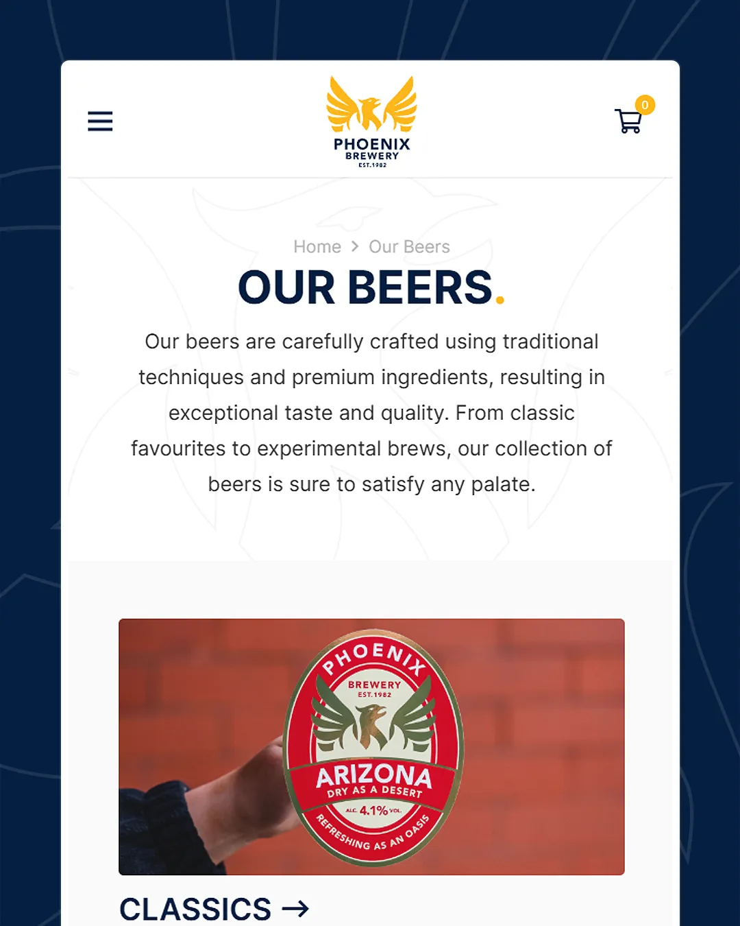 Our Beers page for Phoenix Brewery, introducing their selection with a highlighted label for Arizona beer.