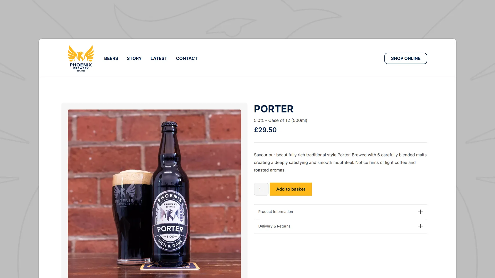 Product page for Phoenix Brewery's Porter beer, displaying a bottle and filled glass, with description and price for a case of 12.