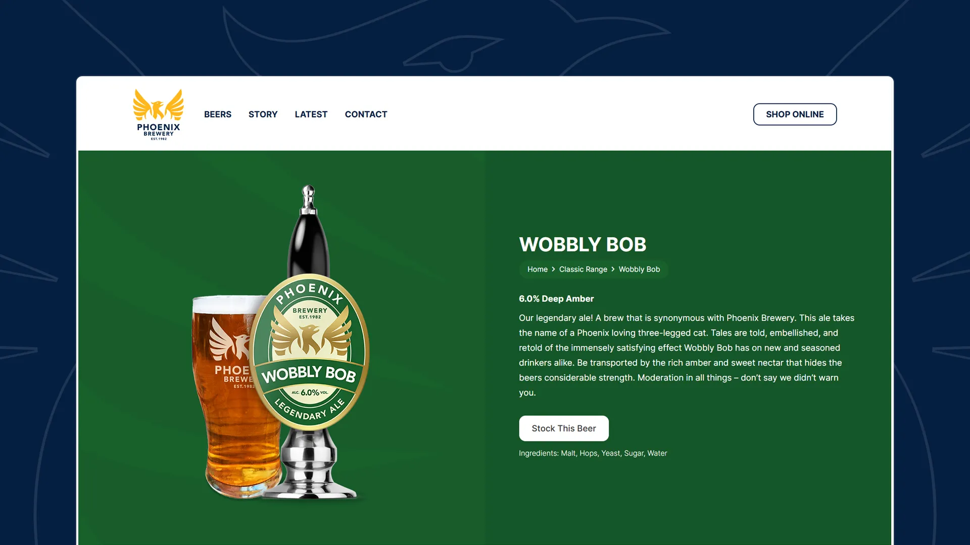 Wobbly Bob product page, featuring an image of the beer pump clip and a filled glass, with a description of the 6.0% deep amber ale.