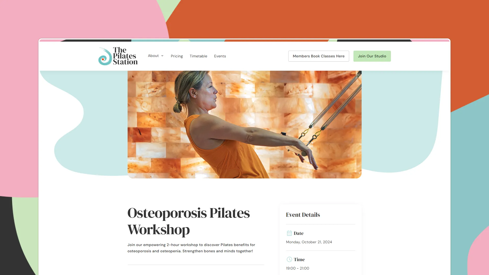 Event promotion page for The Pilates Station’s Osteoporosis Pilates Workshop, showing a woman performing Pilates exercises with equipment and listing event details.