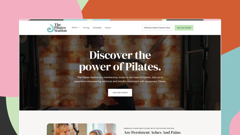 Homepage for The Pilates Station website with the headline 'Discover the power of Pilates,' showing a woman exercising with Pilates equipment in front of a warm Himalayan salt wall.