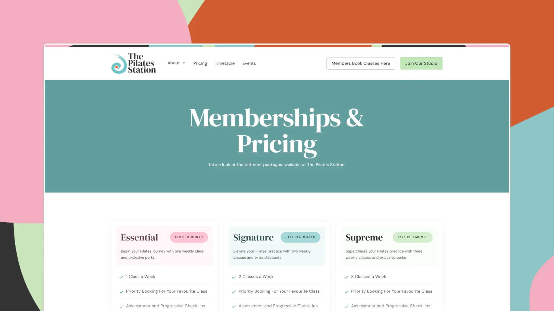 Memberships & Pricing page on The Pilates Station website, displaying various Pilates membership plans including Essential, Signature, and Supreme tiers.