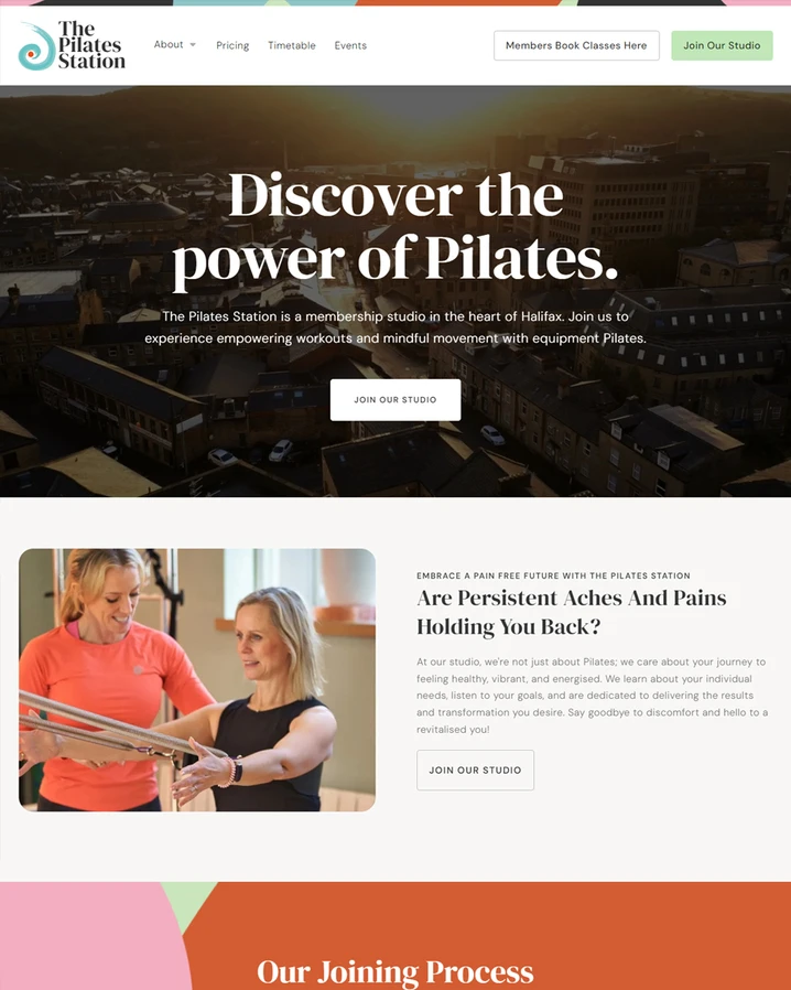 Homepage for The Pilates Station website with the headline 'Discover the power of Pilates,' showing a woman exercising with Pilates equipment in front of a warm Himalayan salt wall.