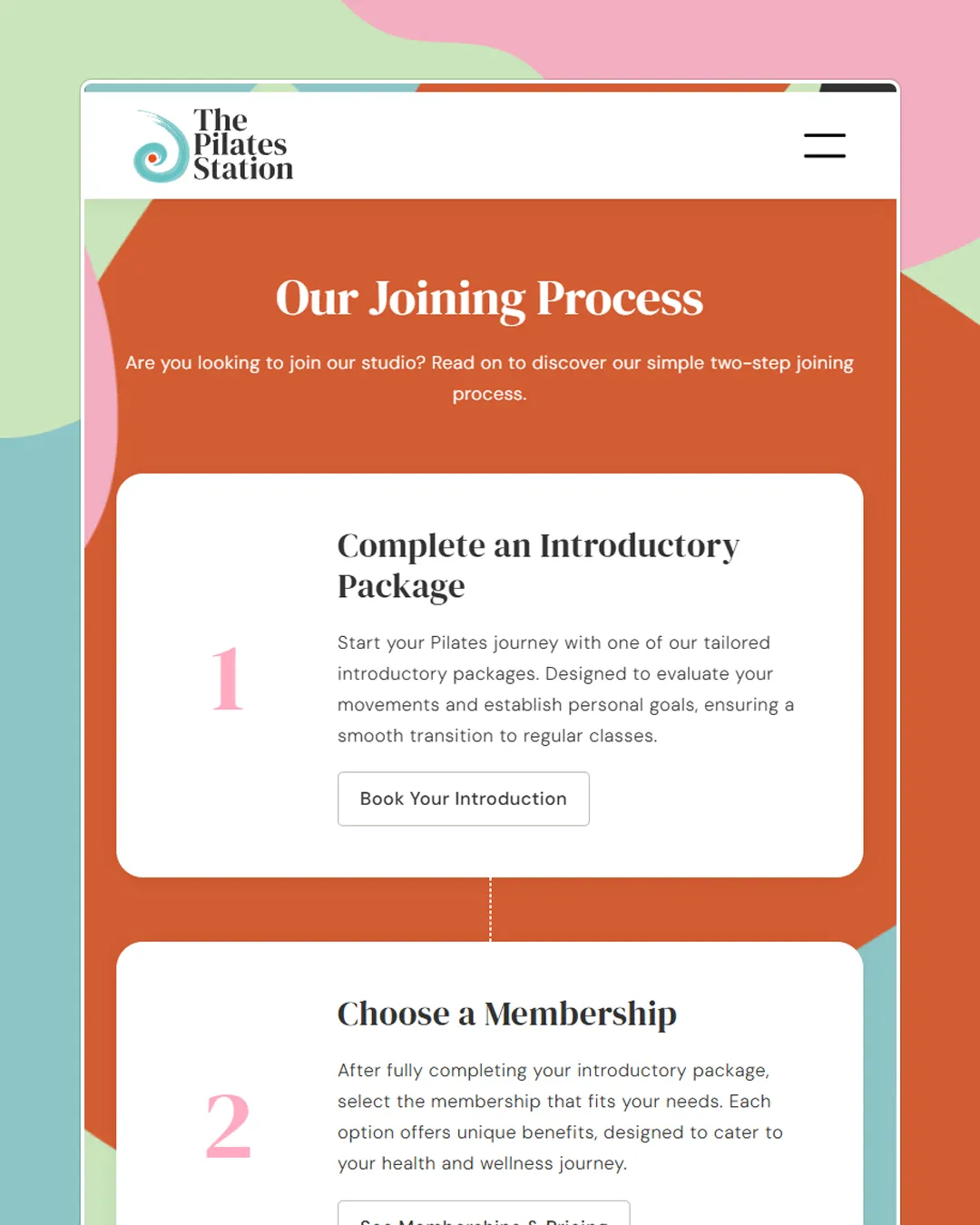 Our Joining Process page on The Pilates Station website, outlining the two-step joining process with options for introductory packages and membership choices.