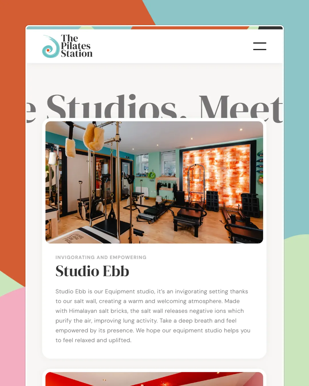 Studio Ebb page featuring The Pilates Station’s equipment studio with a Himalayan salt wall, creating a relaxing and invigorating atmosphere.