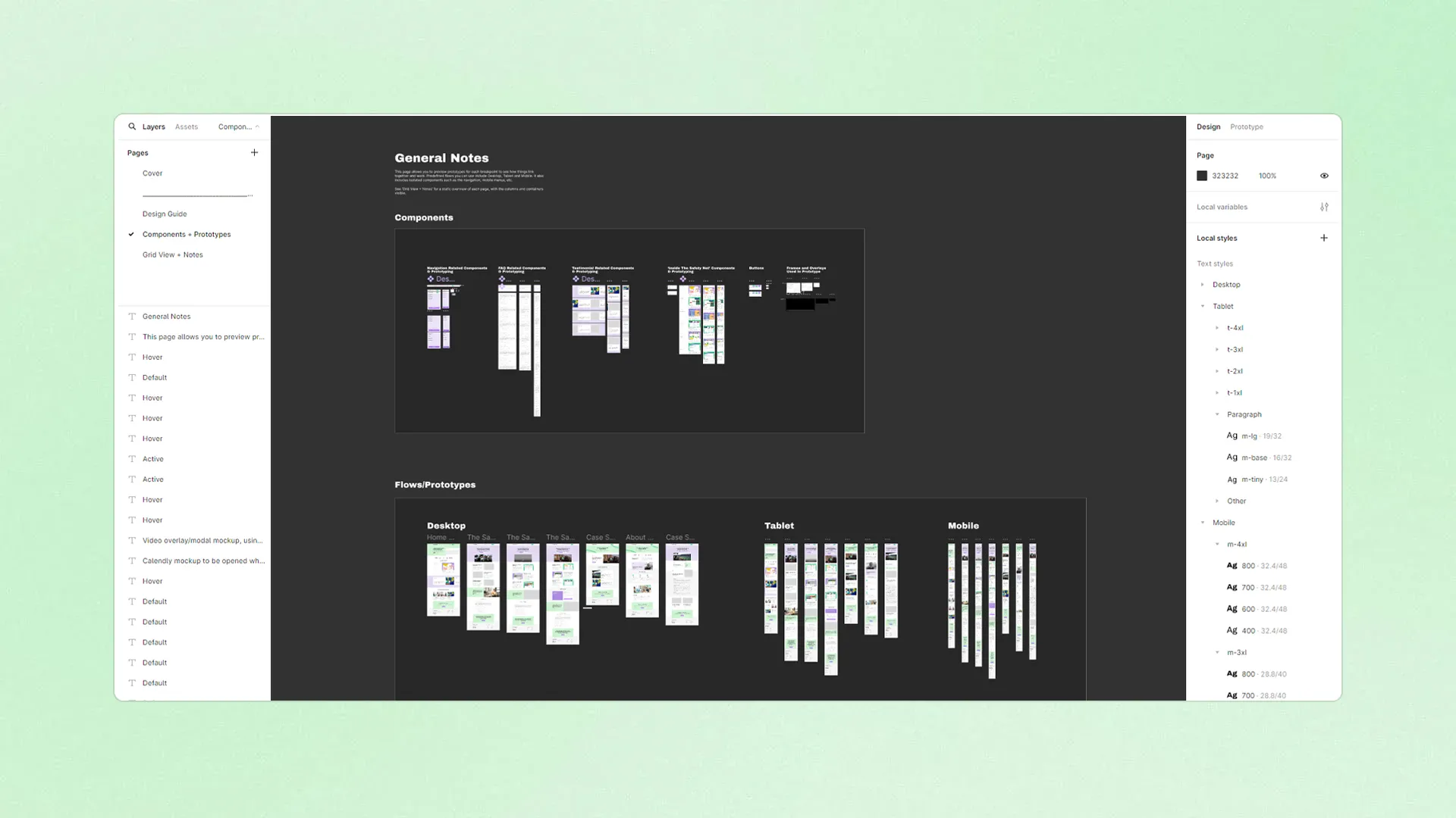 Figma document layout for The Safety Net website design, showing different prototype flows and components organized for desktop, tablet, and mobile views.