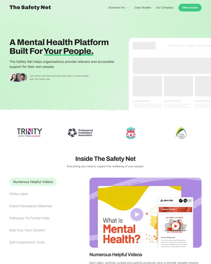 Website homepage section for The Safety Net with the headline 'A Mental Health Platform Built For Your People,' featuring logos of partner organizations including Trinity Sixth Form Academy and Liverpool Football Club.