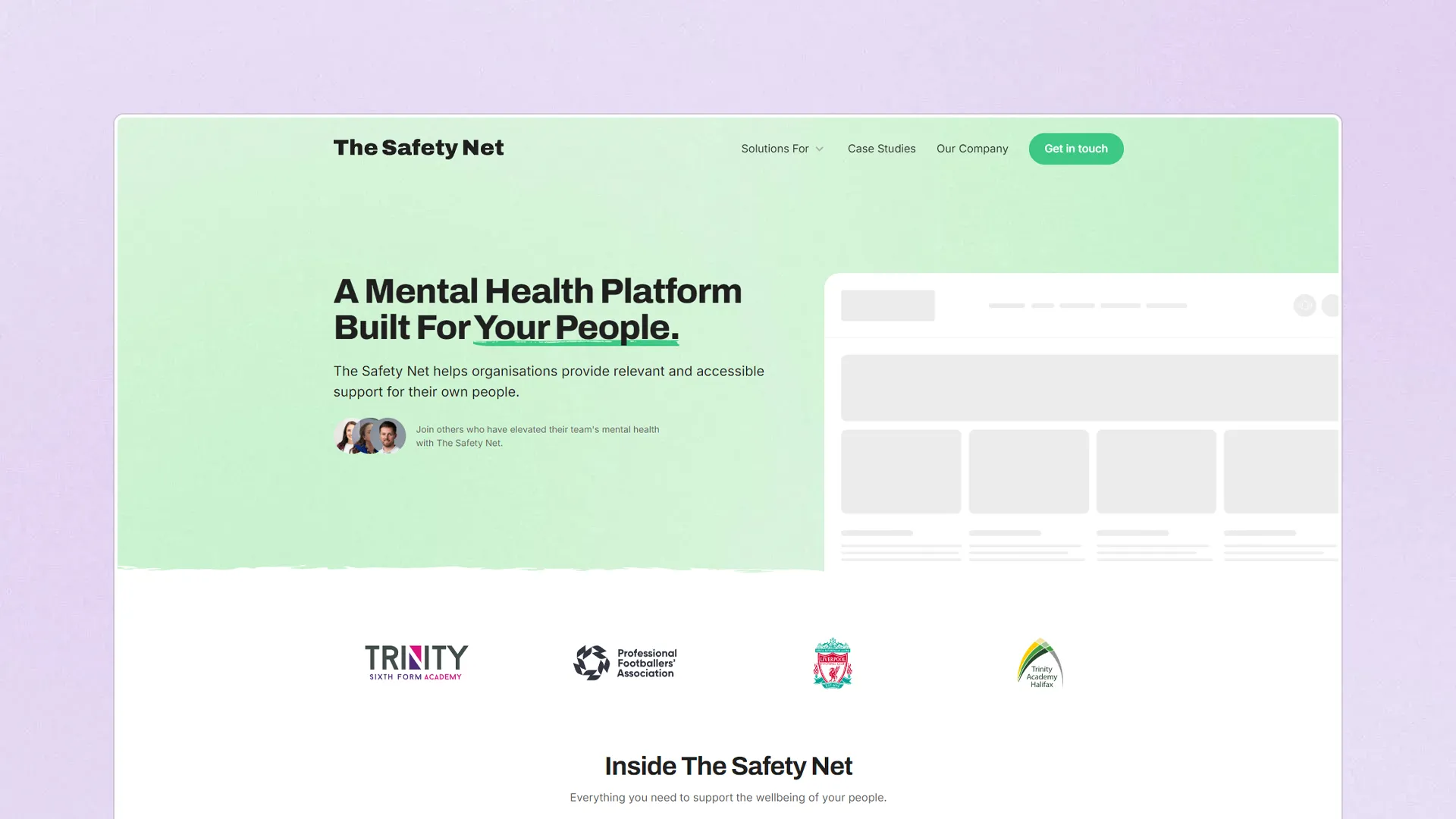 Website homepage section for The Safety Net with the headline 'A Mental Health Platform Built For Your People,' featuring logos of partner organizations including Trinity Sixth Form Academy and Liverpool Football Club.